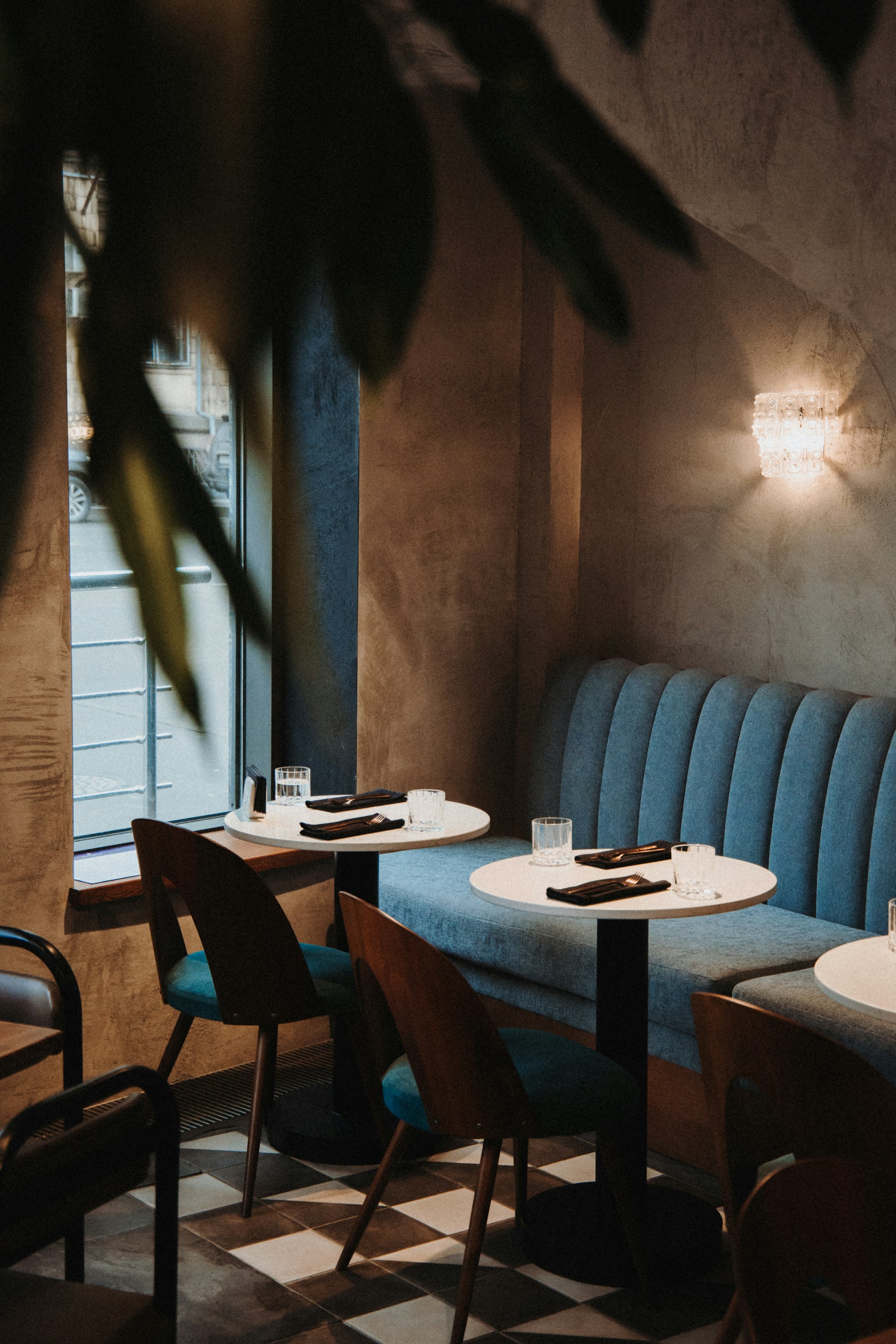 Restaurant dining room set for service