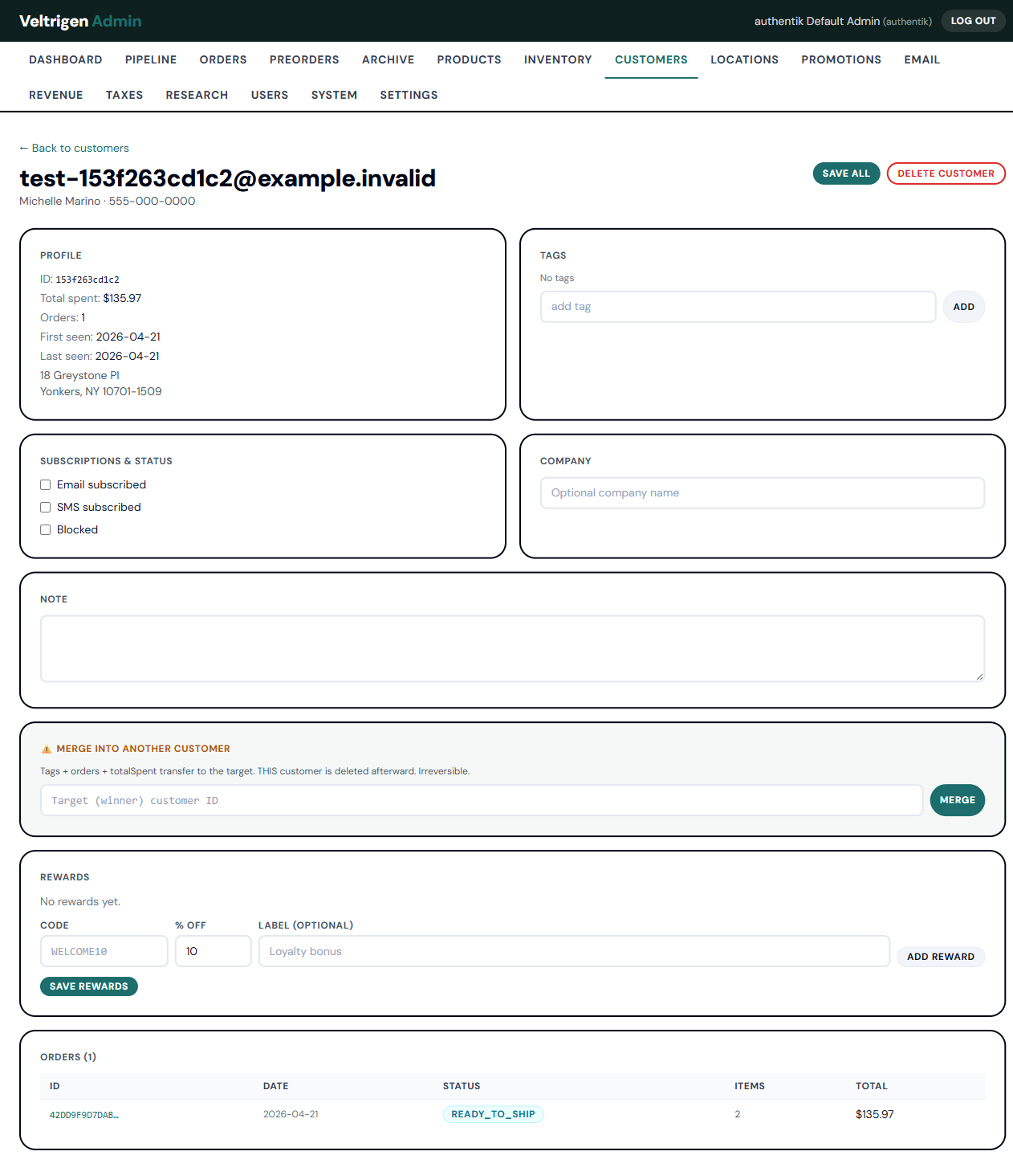 Veltrigen admin console — order pipeline detail view